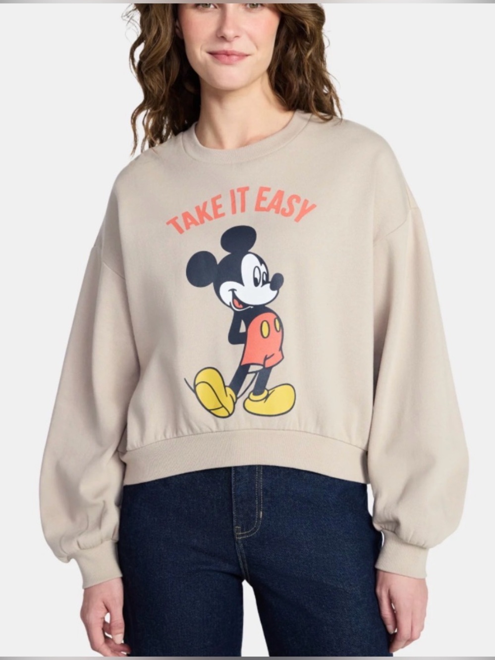 Disney Beige 'Take It Easy' Mickey Mouse Cropped Sweatshirt women’s M